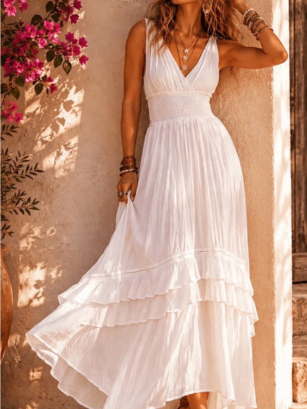 White Sleeveless V-Neck Ruffled Maxi Dress